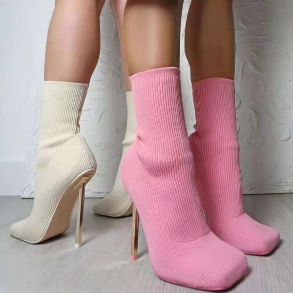 Large size flying knitted shoes elastic high-heeled mid-boots square toe stiletto knitted socks boots women