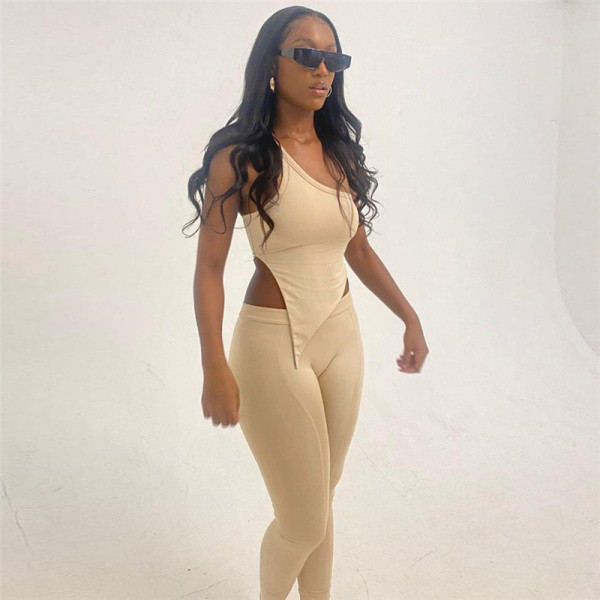 New Fashion Irregular Slanted Shoulder Slim Top High Waist Casual Trousers Suit