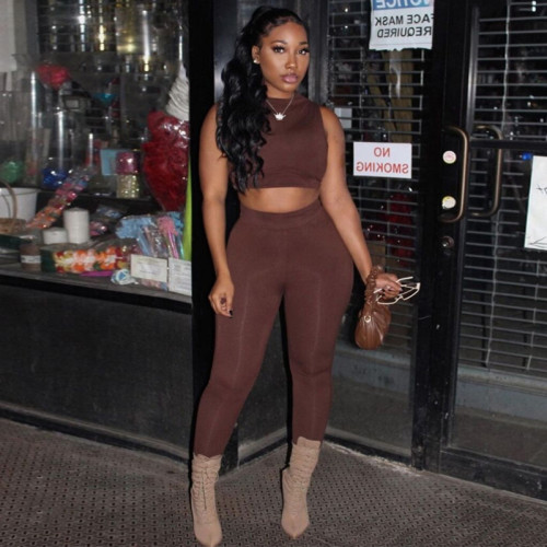 Fashion Slim Round Neck Sleeveless Top Tight Waist Sports Yoga Set