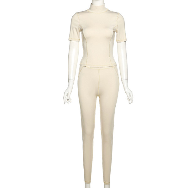 Solid Color Tight Short Sleeve Top High Waist Trousers Sports Casual Suit Women