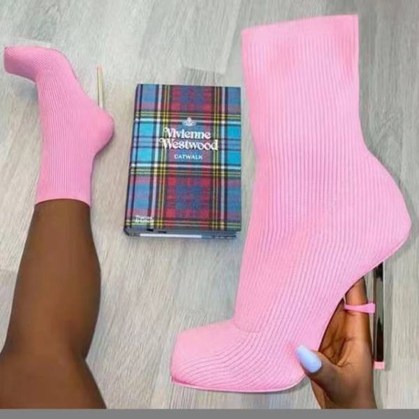 Large size flying knitted shoes elastic high-heeled mid-boots square toe stiletto knitted socks boots women