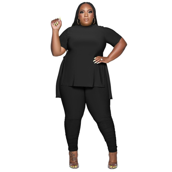 Large size women's solid color asymmetrical straps pleated casual two-piece set