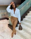 Sexy Tight High Elastic Solid Color Micro-Flare Casual Side Slit PU Leather Pants