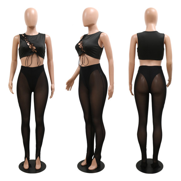 Fashion Sexy Sleeveless Hollow Bandage Perspective Tight Body Shower Suit