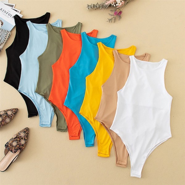 Solid Color Sleeveless Round Neck High Fork Jumpsuit Shows Thin Skinny Tight Bottom One Piece Vest