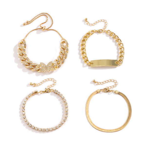 Hip-hop studded with diamonds Cuban chain butterfly bracelet set retro metal square plate flat snake bone chain bracelet