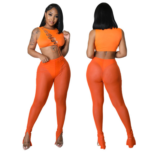 Fashion Sexy Sleeveless Hollow Bandage Perspective Tight Body Shower Suit