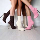 Large size flying knitted shoes elastic high-heeled mid-boots square toe stiletto knitted socks boots women