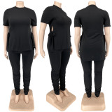 Large size women's solid color asymmetrical straps pleated casual two-piece set