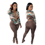 Fashionable and casual all-match deep V-neck printed tight-fitting hip two-piece suit