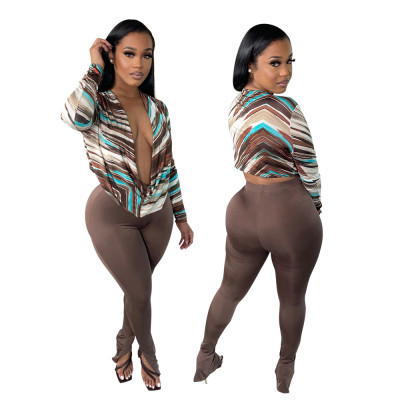 Fashionable and casual all-match deep V-neck printed tight-fitting hip two-piece suit