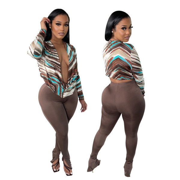 Fashionable and casual all-match deep V-neck printed tight-fitting hip two-piece suit