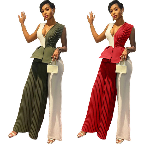 Sleek Ruffled Pleated Panel Jumpsuit