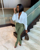 Sexy Tight High Elastic Solid Color Micro-Flare Casual Side Slit PU Leather Pants