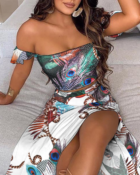 Slim Fit French Boho Print Mid Length Retro Bandeau Dress Women