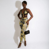 Fashion Casual Sling Wrap Chest Decorative Buckle Print Two-piece Set