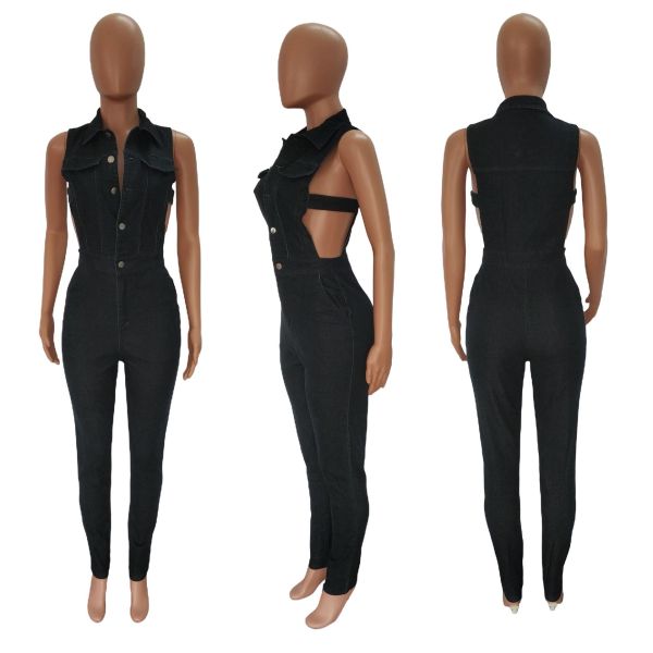 Wear fashionable denim women's side exposed jumpsuit