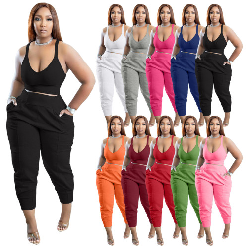 Women's Sexy Deep V Vest Two Piece Sports Suit