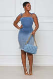 Women's Sexy Backless Sling Bag Hip Mid Length Slim Fit Raw Denim Dress