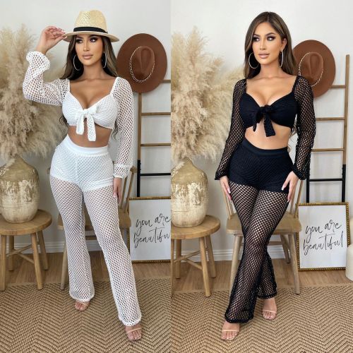 Fashion Casual Women's Sexy Cropped Navel Mesh Beach Two Piece Set