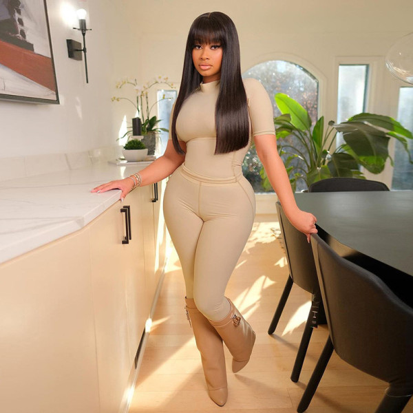 Solid Color Tight Short Sleeve Top High Waist Trousers Sports Casual Suit Women