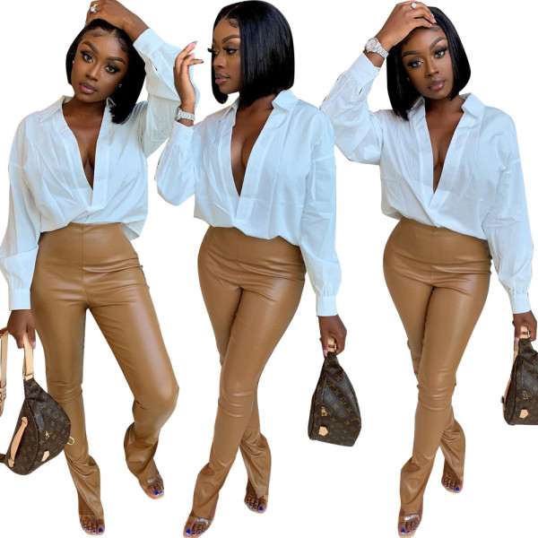 Sexy Tight High Elastic Solid Color Micro-Flare Casual Side Slit PU Leather Pants