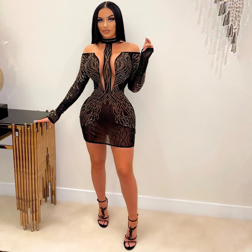 Fashion sexy perspective hot drill long-sleeved hip dress nightclub party