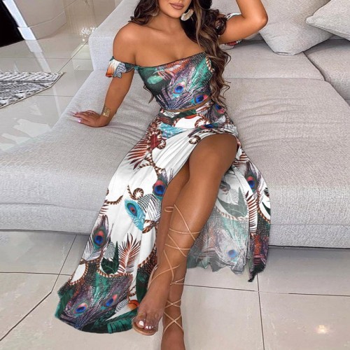 Slim Fit French Boho Print Mid Length Retro Bandeau Dress Women