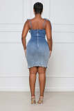 Women's Sexy Backless Sling Bag Hip Mid Length Slim Fit Raw Denim Dress