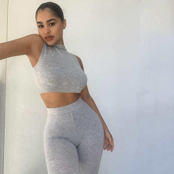 Fashion Slim Round Neck Sleeveless Top Tight Waist Sports Yoga Set