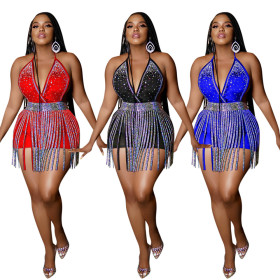 Sexy strappy V-neck leak-back hot drill jumpsuit and bright cloth skirt two-piece women's
