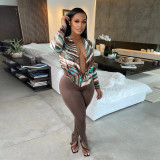 Fashionable and casual all-match deep V-neck printed tight-fitting hip two-piece suit