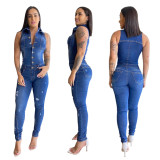 Sexy slim slim jumpsuit spray white ripped denim jumpsuit