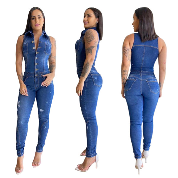 Sexy slim slim jumpsuit spray white ripped denim jumpsuit