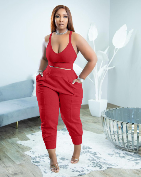 Women's Sexy Deep V Vest Two Piece Sports Suit