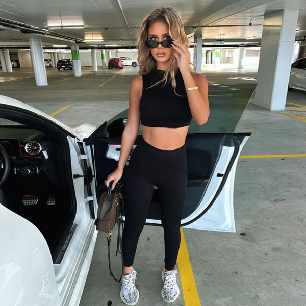 Fashion Slim Round Neck Sleeveless Top Tight Waist Sports Yoga Set