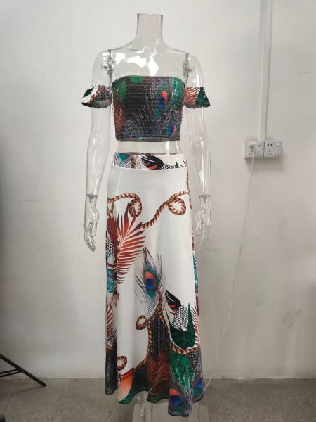 Slim Fit French Boho Print Mid Length Retro Bandeau Dress Women