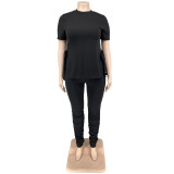 Large size women's solid color asymmetrical straps pleated casual two-piece set