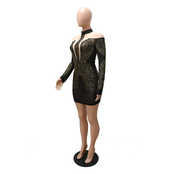 Fashion sexy perspective hot drill long-sleeved hip dress nightclub party