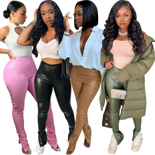 Sexy Tight High Elastic Solid Color Micro-Flare Casual Side Slit PU Leather Pants
