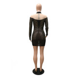 Fashion sexy perspective hot drill long-sleeved hip dress nightclub party