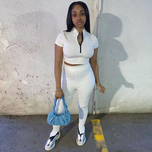 Fashion Leisure Sports Solid Color Rib Pit Two-piece Set