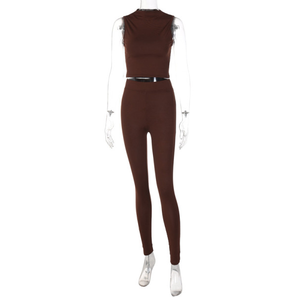 Fashion Slim Round Neck Sleeveless Top Tight Waist Sports Yoga Set