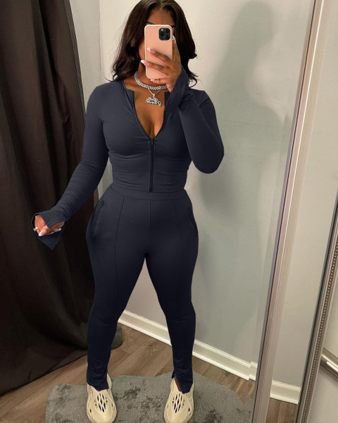 Women's Solid Zip Split Two-Piece Tracksuit