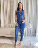 Sexy slim slim jumpsuit spray white ripped denim jumpsuit