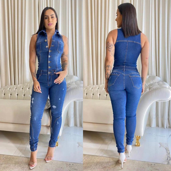 Sexy slim slim jumpsuit spray white ripped denim jumpsuit