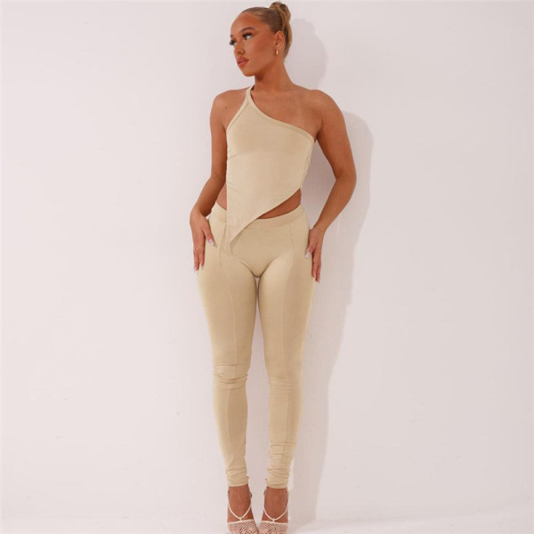 New Fashion Irregular Slanted Shoulder Slim Top High Waist Casual Trousers Suit