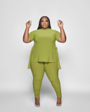 Large size women's solid color asymmetrical straps pleated casual two-piece set