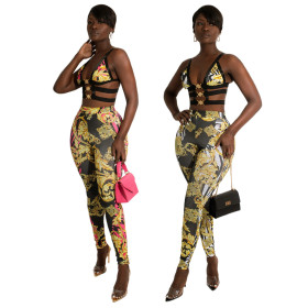 Fashion Casual Sling Wrap Chest Decorative Buckle Print Two-piece Set
