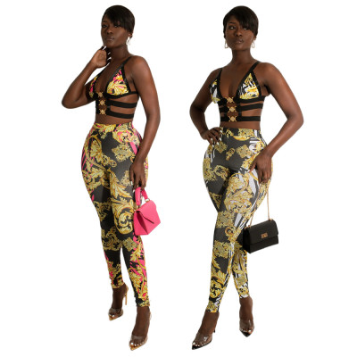 Fashion Casual Sling Wrap Chest Decorative Buckle Print Two-piece Set